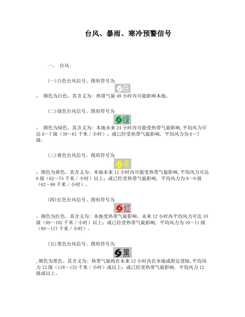 台风、暴雨、寒冷预警信号(打印版)