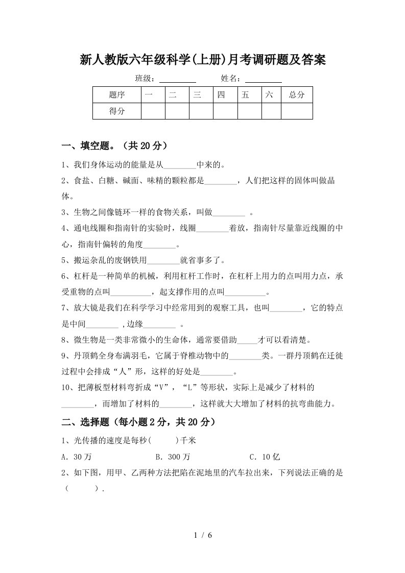 新人教版六年级科学上册月考调研题及答案