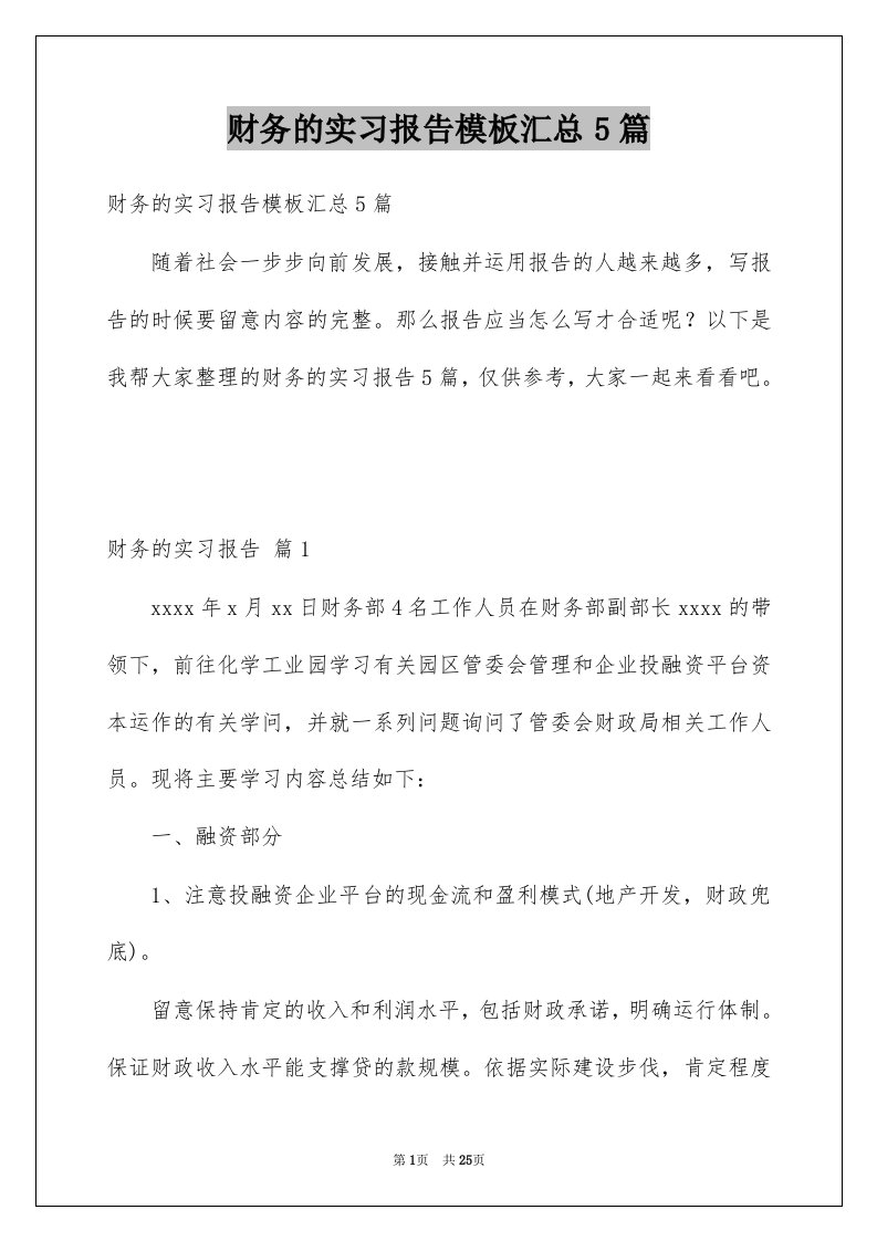 财务的实习报告模板汇总5篇例文