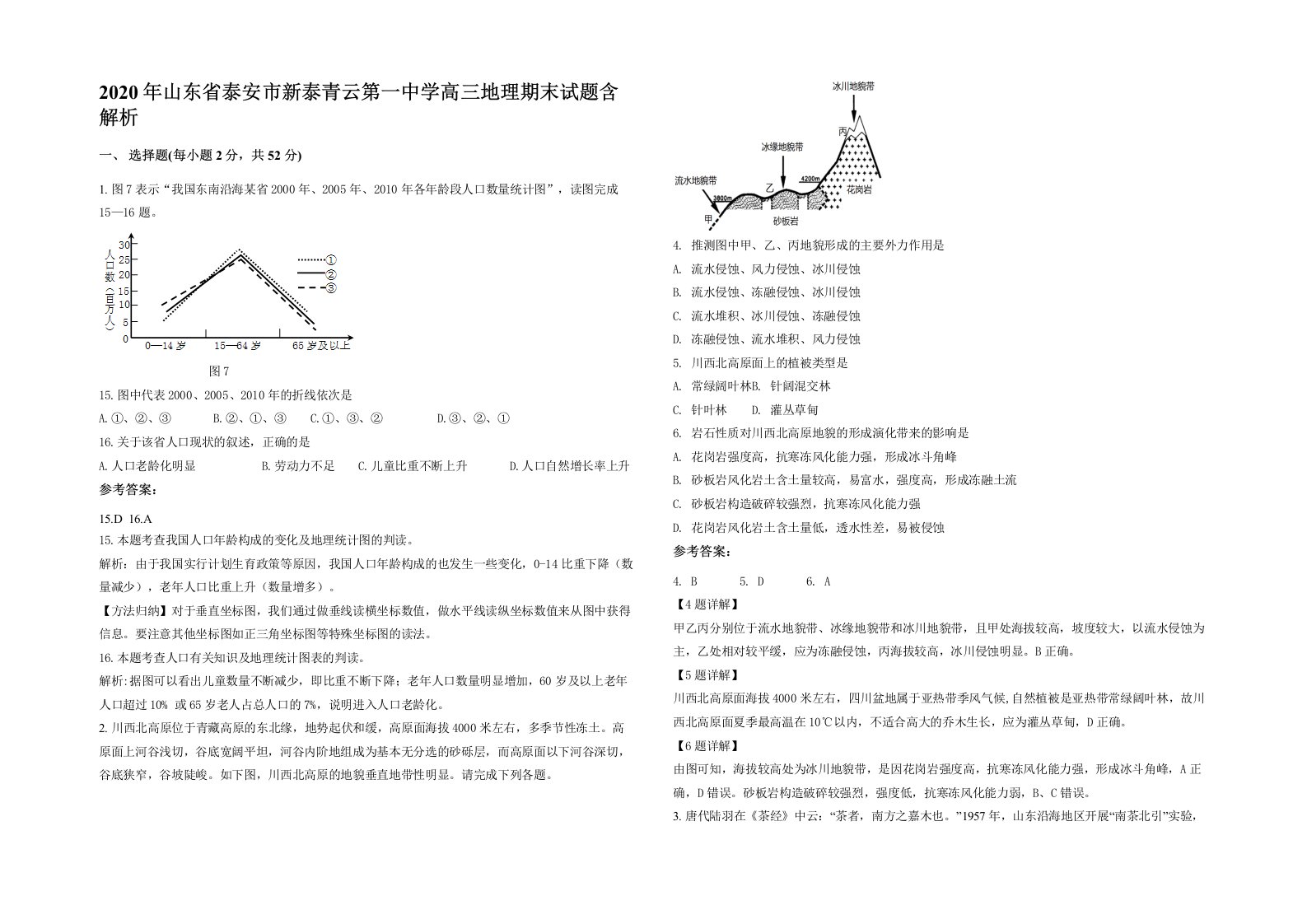 2020年山东省泰安市新泰青云第一中学高三地理期末试题含解析