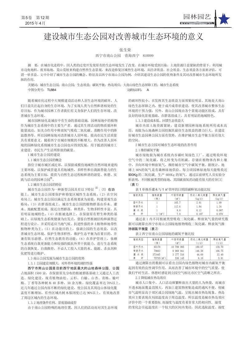 建设城市生态公园对改善城市生态环境的意义