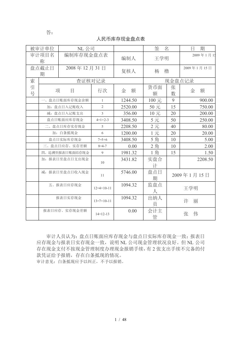 人民币库存现金管理及财务会计盘点表