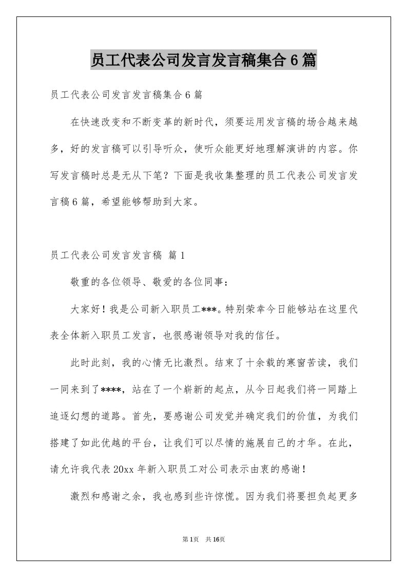 员工代表公司发言发言稿集合6篇