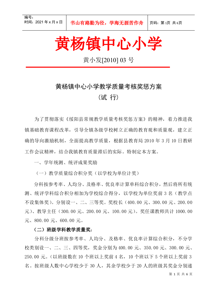 某某小学教学质量考核奖惩方案解析