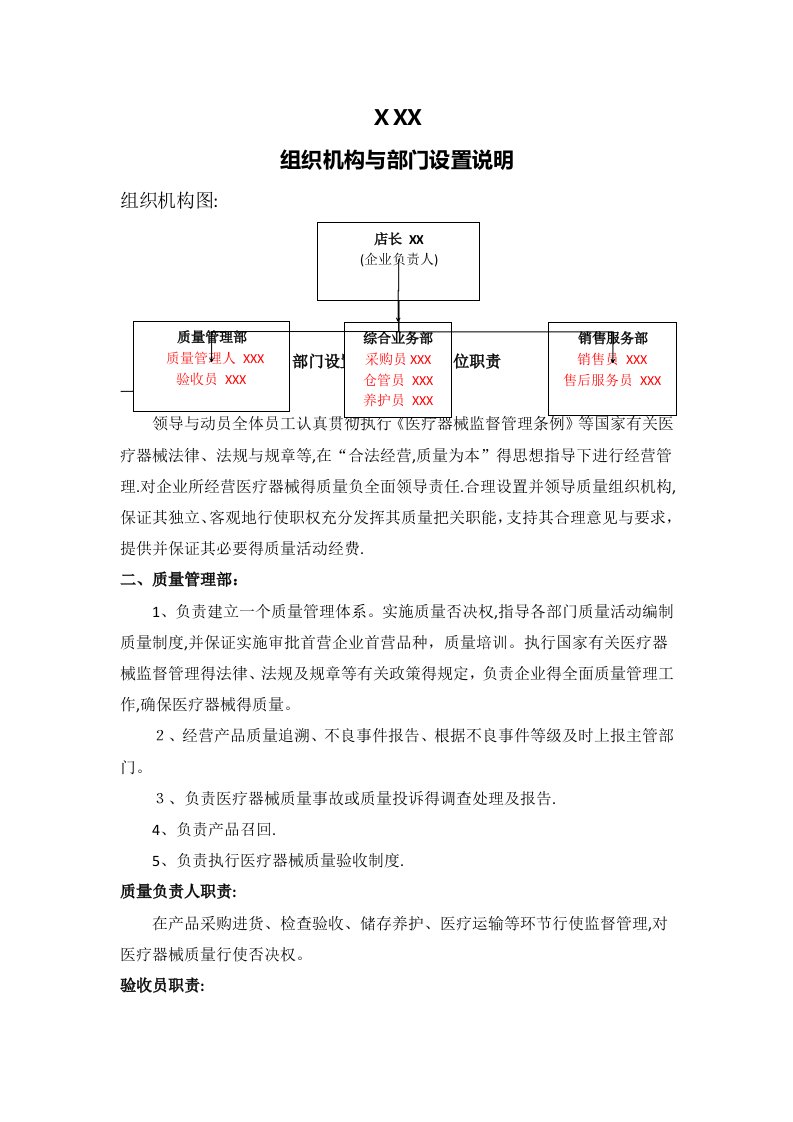 0第二类医疗器械组织机构与部门设置说明