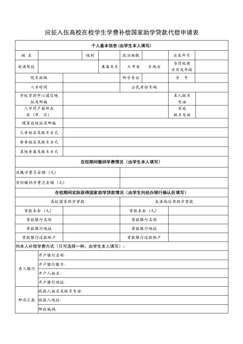 应征入伍高校毕业生补偿学费代偿国家助学贷款申请表