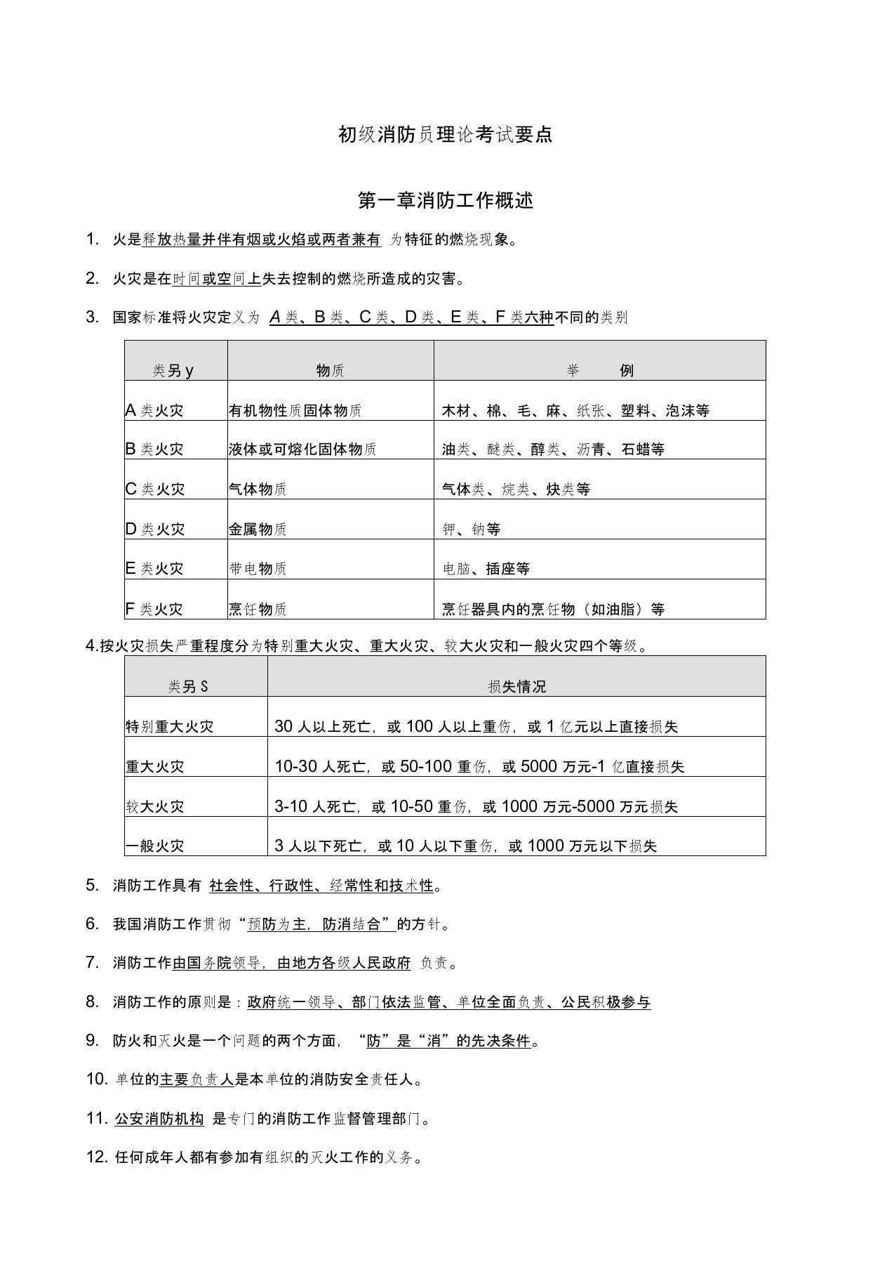 初级消防员理论考试要点