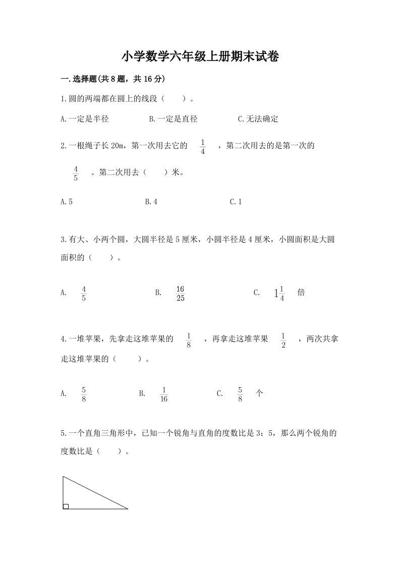 小学数学六年级上册期末试卷附参考答案（轻巧夺冠）