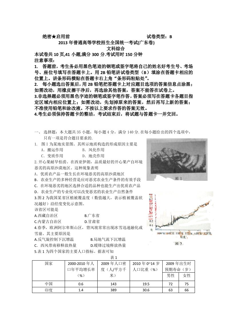 2013全国统一高考(广东卷)文综试题