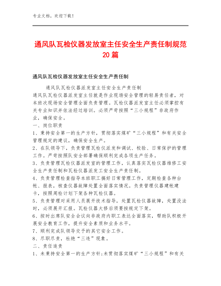 通风队瓦检仪器发放室主任安全生产责任制规范20篇