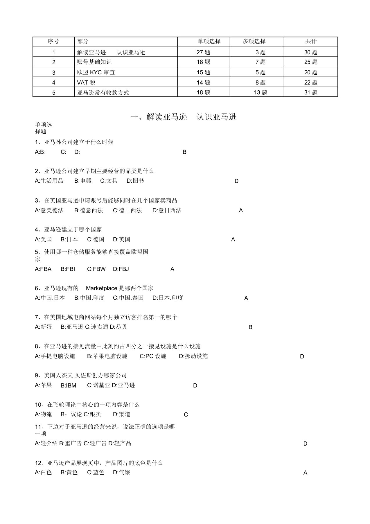 亚马逊官方试题(了解亚马逊篇)