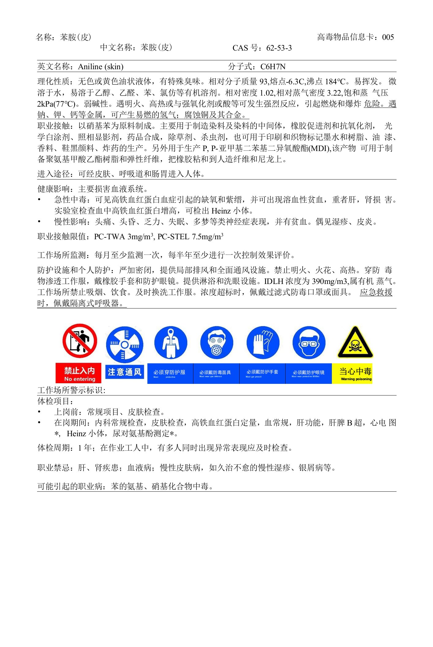 苯胺（皮）-高毒物品信息卡