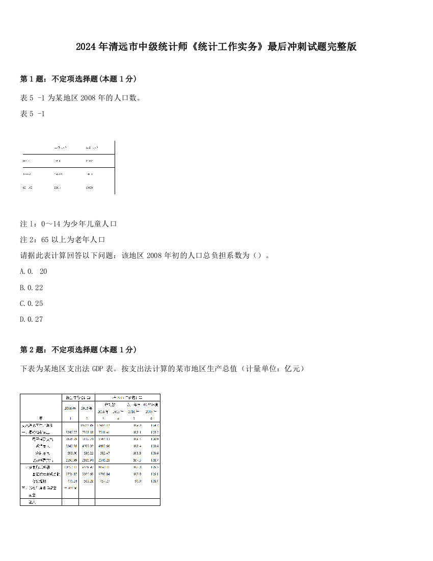 2024年清远市中级统计师《统计工作实务》最后冲刺试题完整版