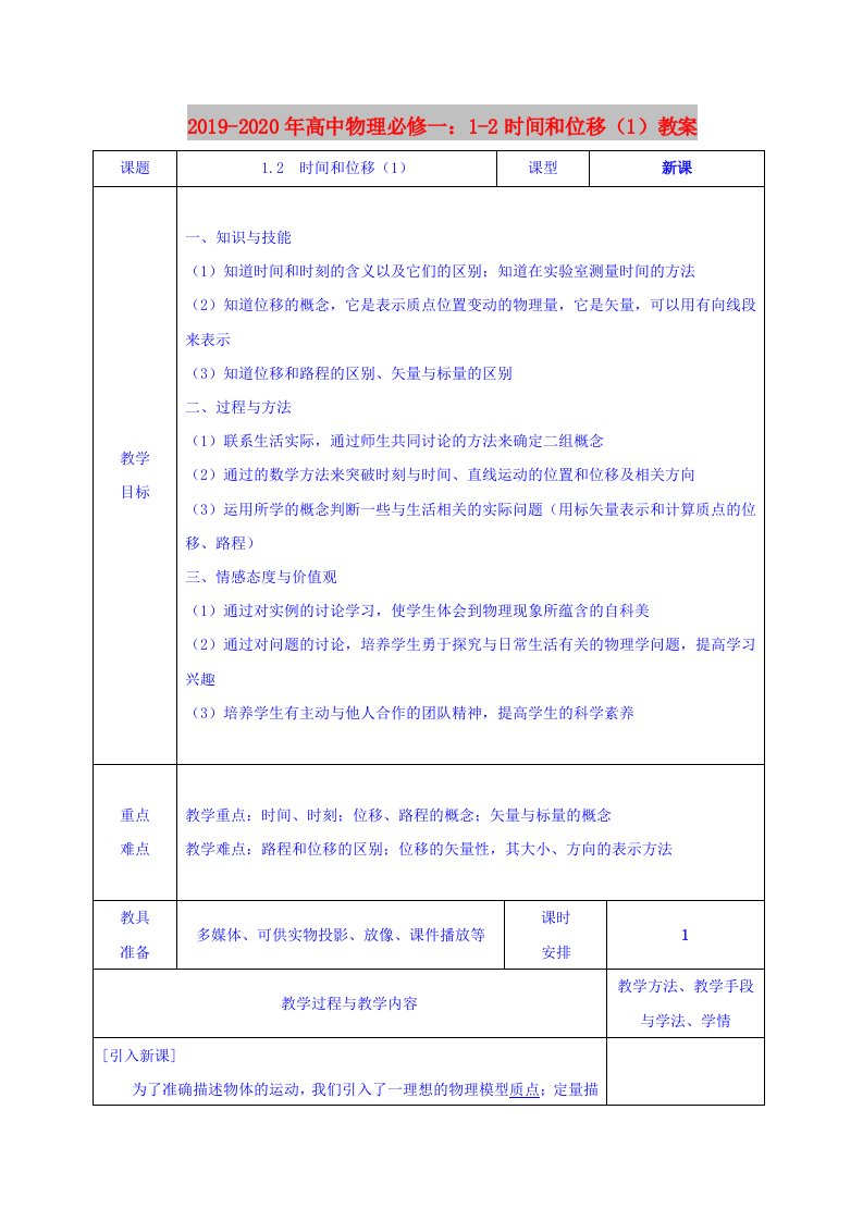 2019-2020年高中物理必修一：1-2时间和位移（1）教案