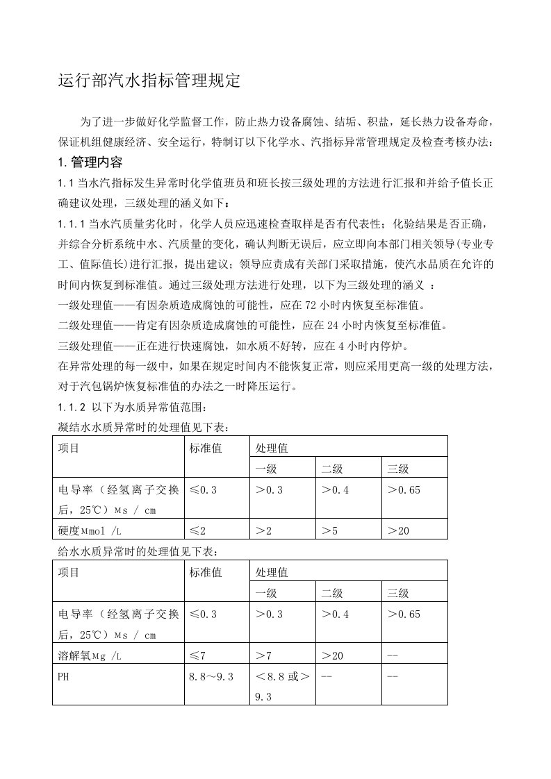 发电厂汽水指标管理规定