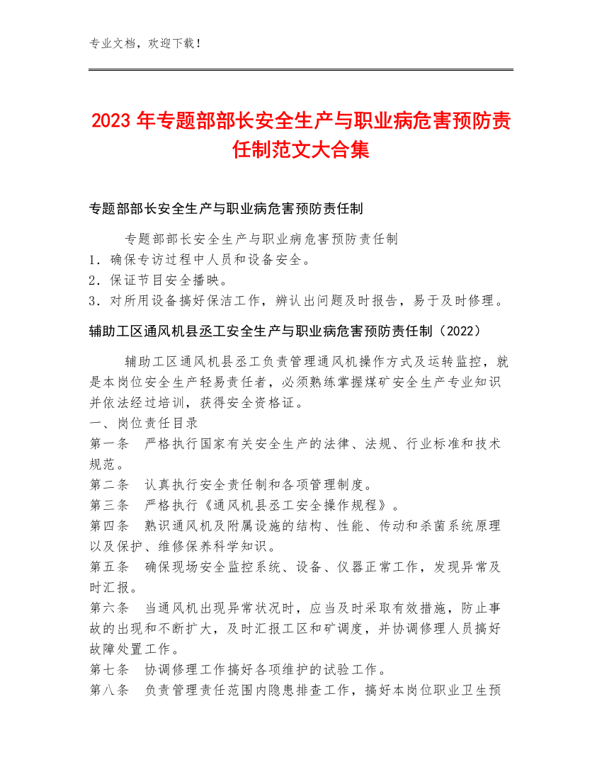 2023年专题部部长安全生产与职业病危害预防责任制范文大合集