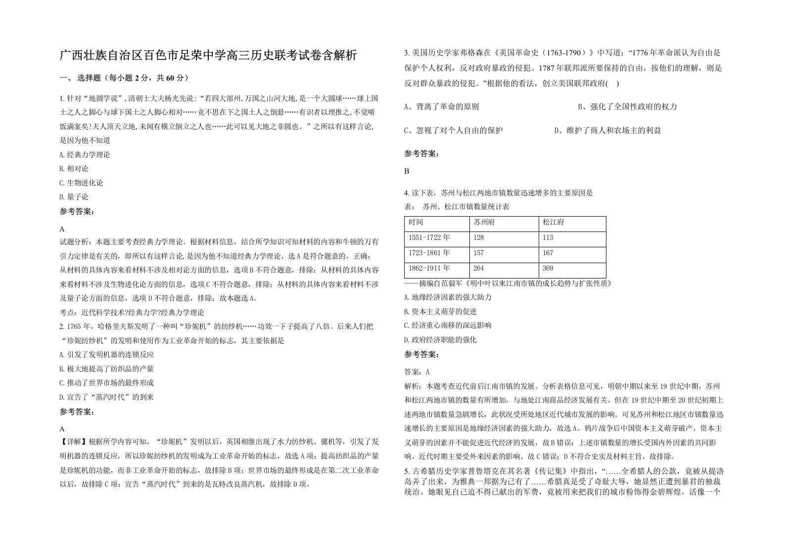 广西壮族自治区百色市足荣中学高三历史联考试卷含解析