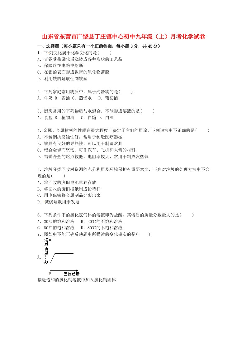 山东省东营市广饶县丁庄镇中心初中九级化学上学期10月月考试题（含解析）