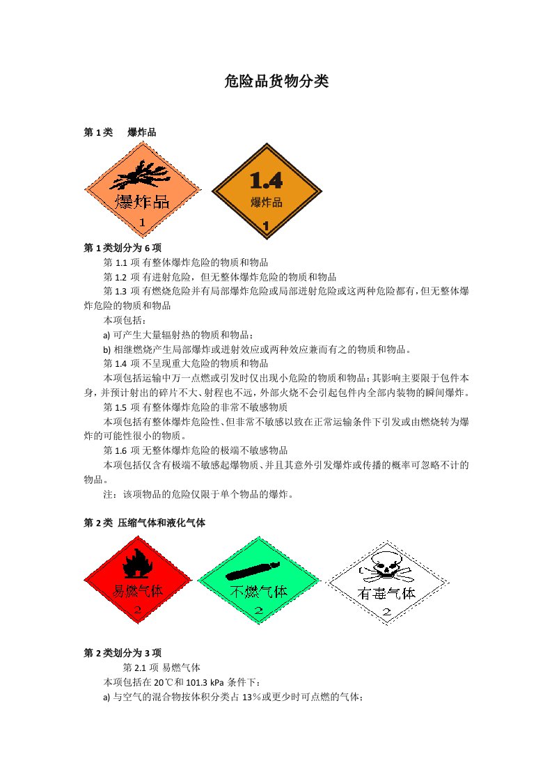 危险品货物分类