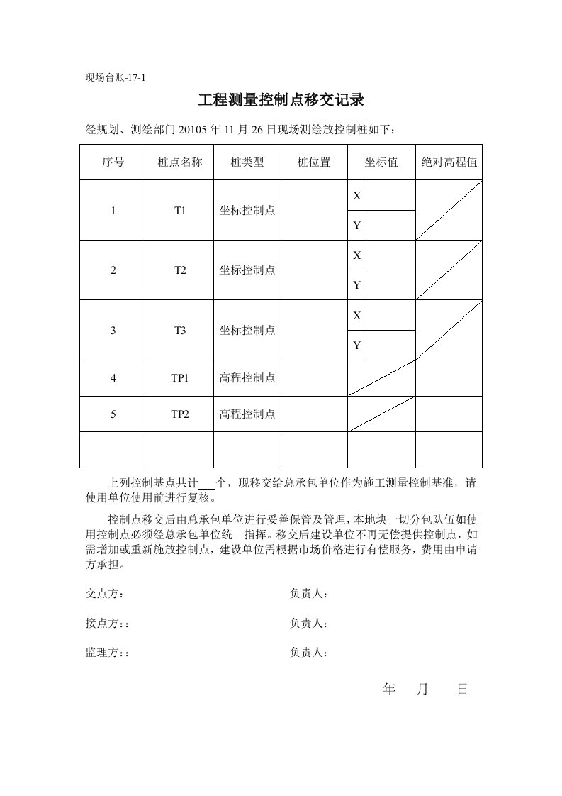 工程测量控制点移交记录