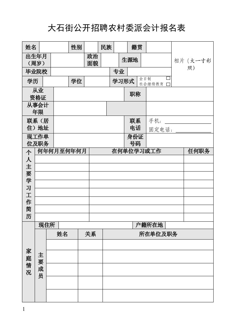 大石街公开招聘农村委派会计报名表