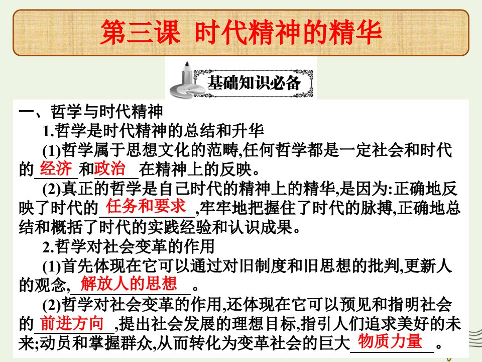 高考政治总复习第三课时代精神的精华课件新人教版必修4