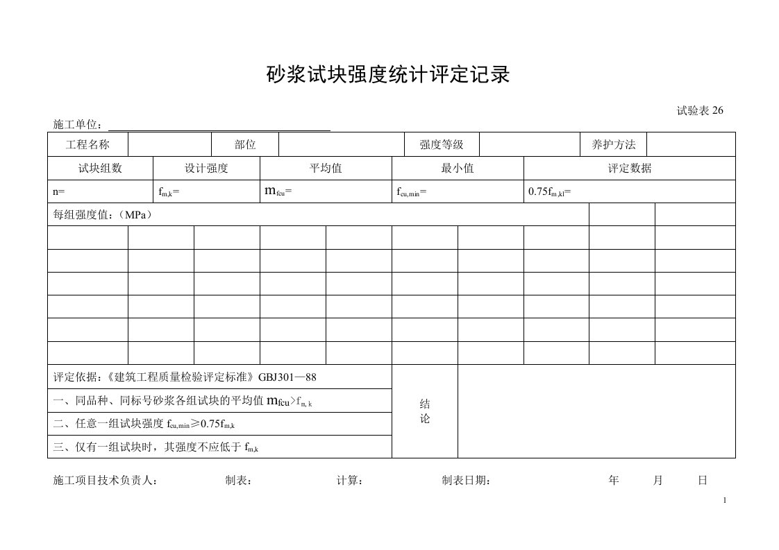 砂浆试块强度统计评定记录