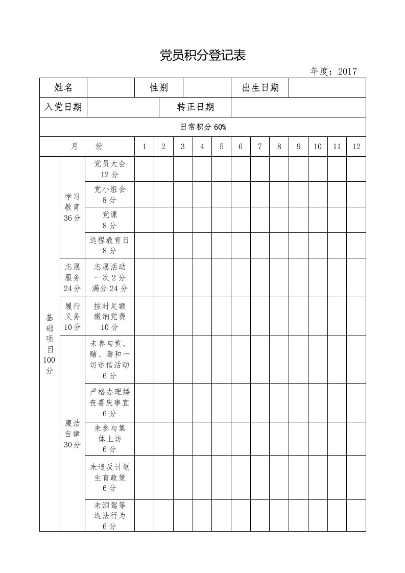 党员积分登记表格