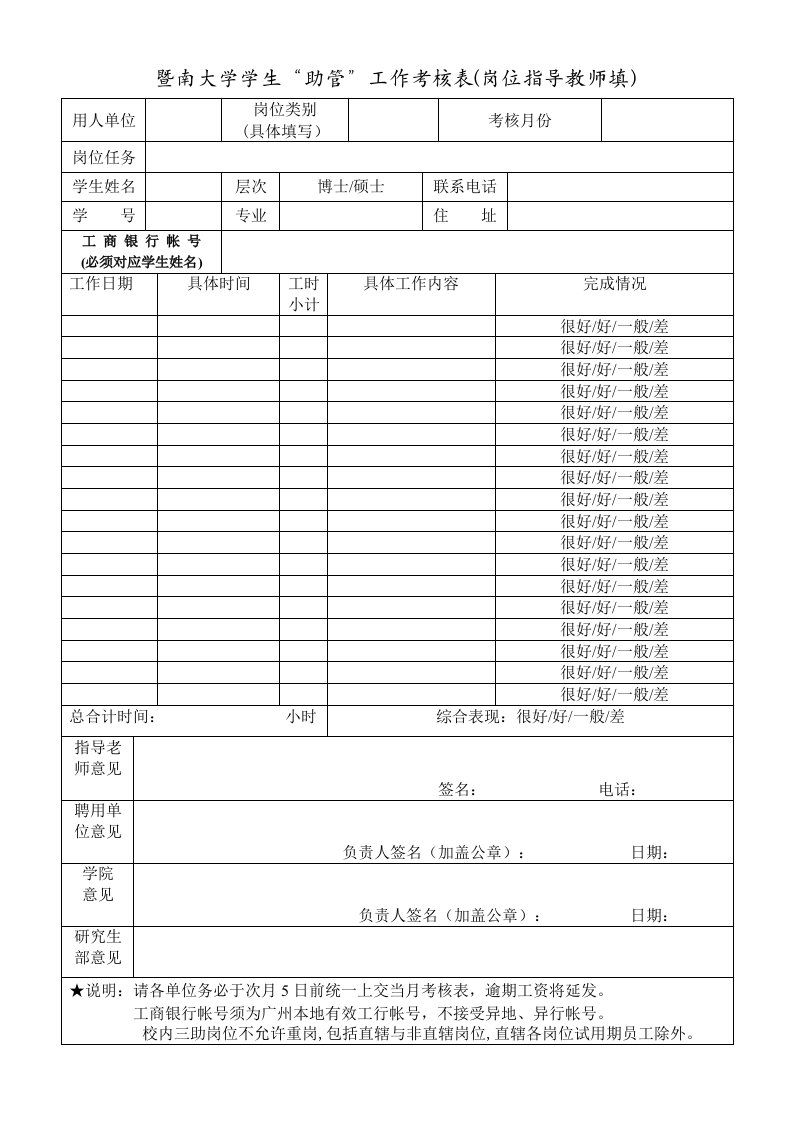 暨南大学学生助管工作考核表（岗位指导教师填）