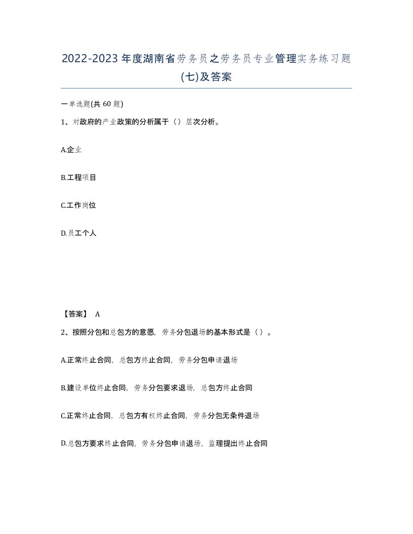 2022-2023年度湖南省劳务员之劳务员专业管理实务练习题七及答案