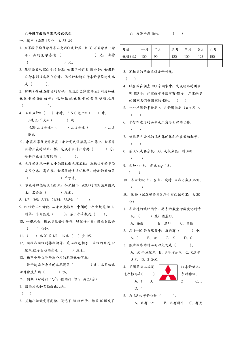 2019六年级下册数学期末考试试卷