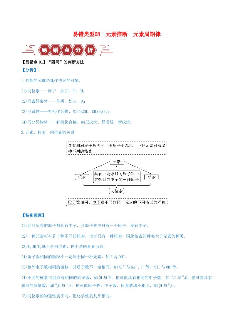 全国通用备战2024年高考化学易错题精选类型08元素推断元素周期律8大易错点学生版