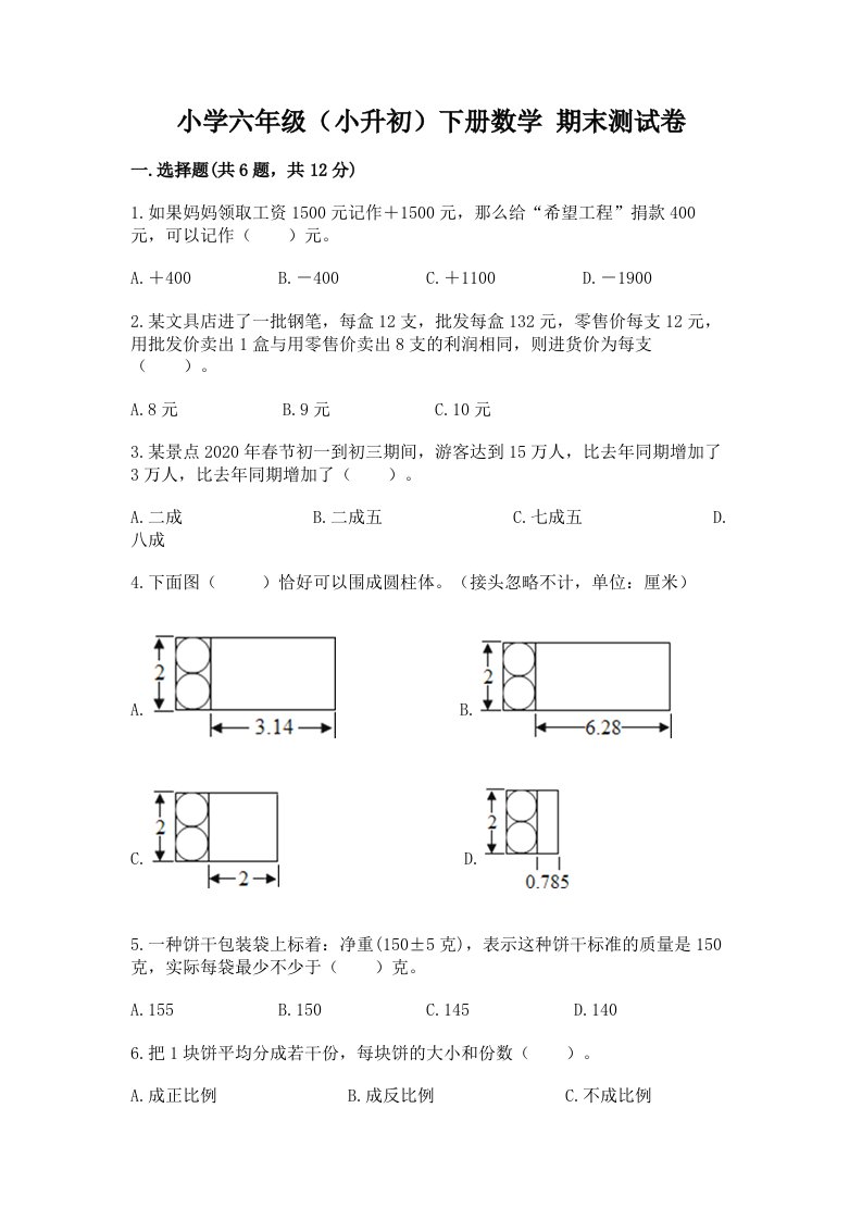 小学六年级（小升初）下册数学