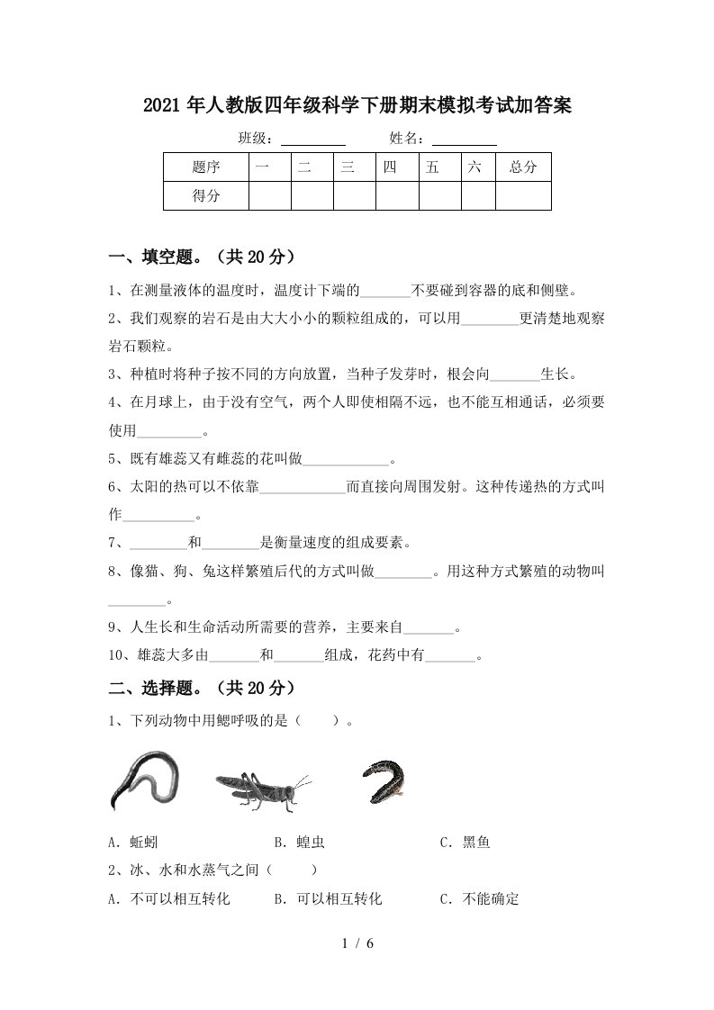 2021年人教版四年级科学下册期末模拟考试加答案