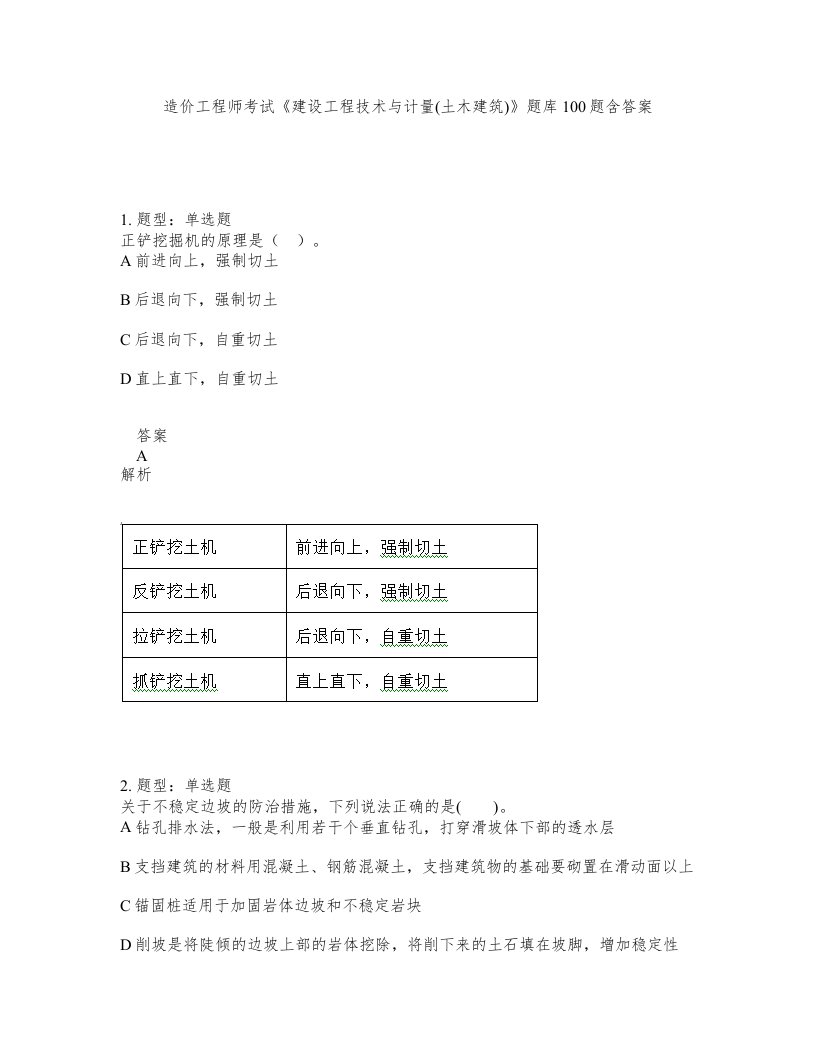 造价工程师考试建设工程技术与计量土木建筑题库100题含答案第718版