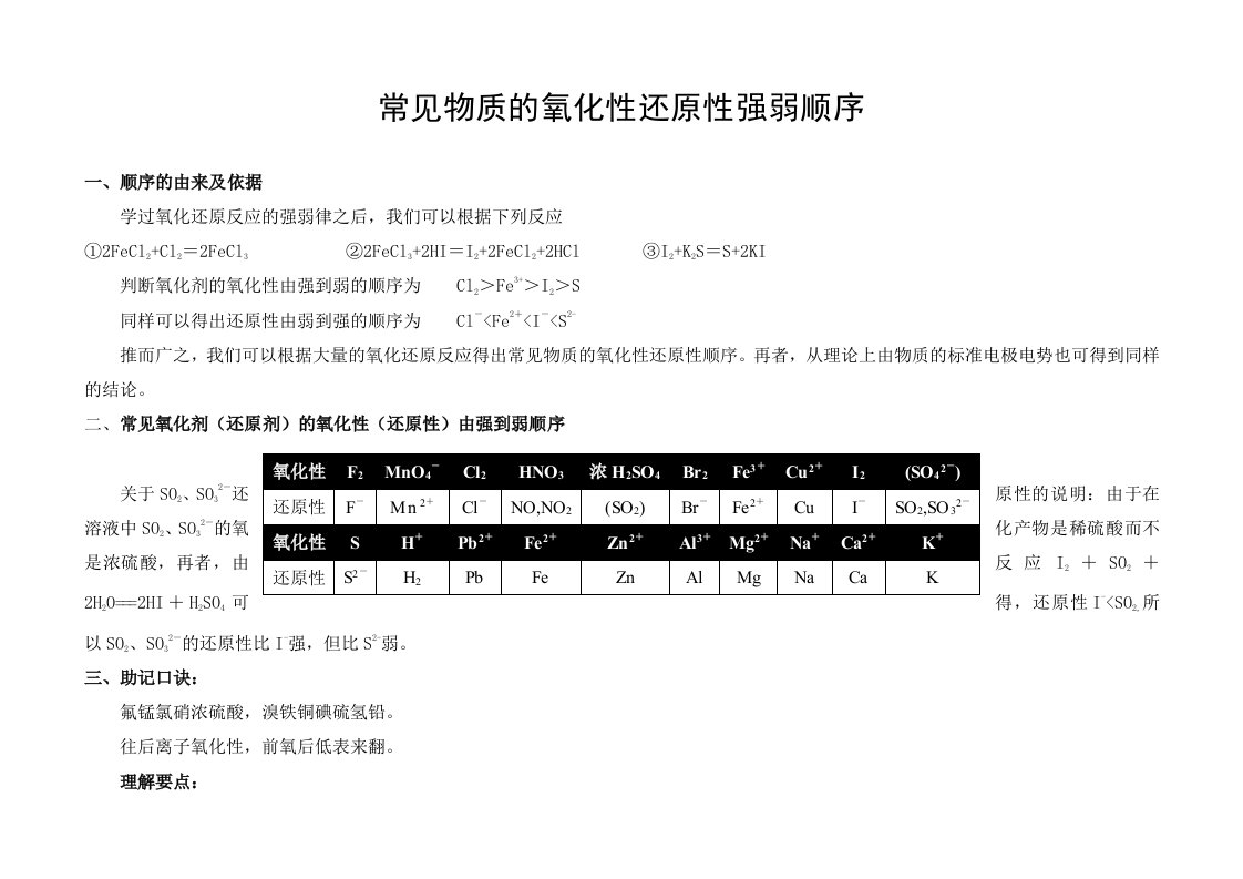 氧化还原性强弱顺序