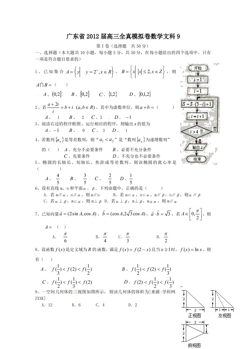 广东省2012届高三全真模拟卷数学文