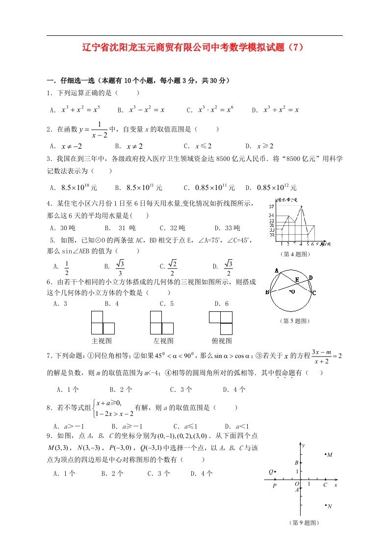 辽宁省沈阳龙玉元商贸有限公司中考数学模拟试题（7）