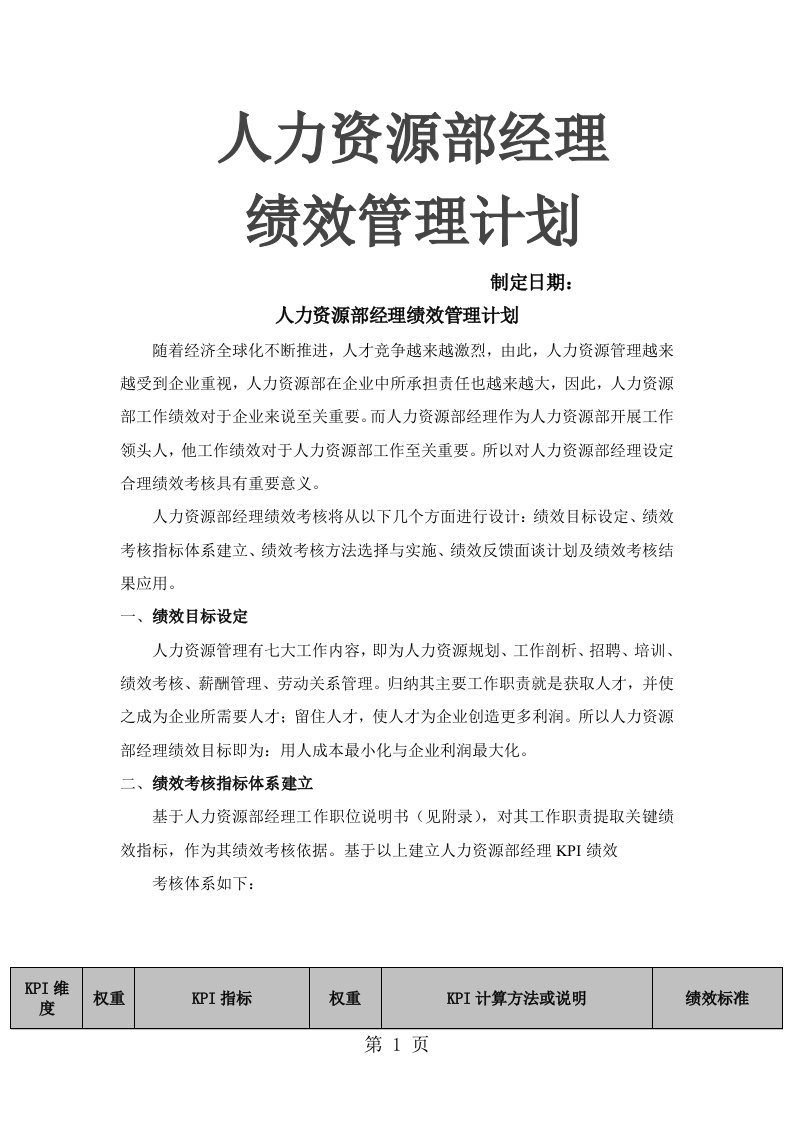 人力资源部经理绩效管理计划