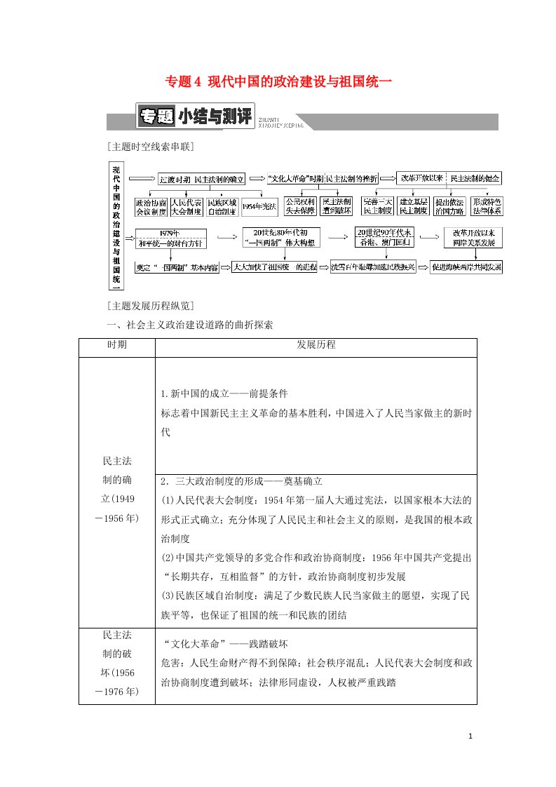 2021_2022年高中历史专题4现代中国的政治建设与祖国统一专题小结与测评学案人民版必修1