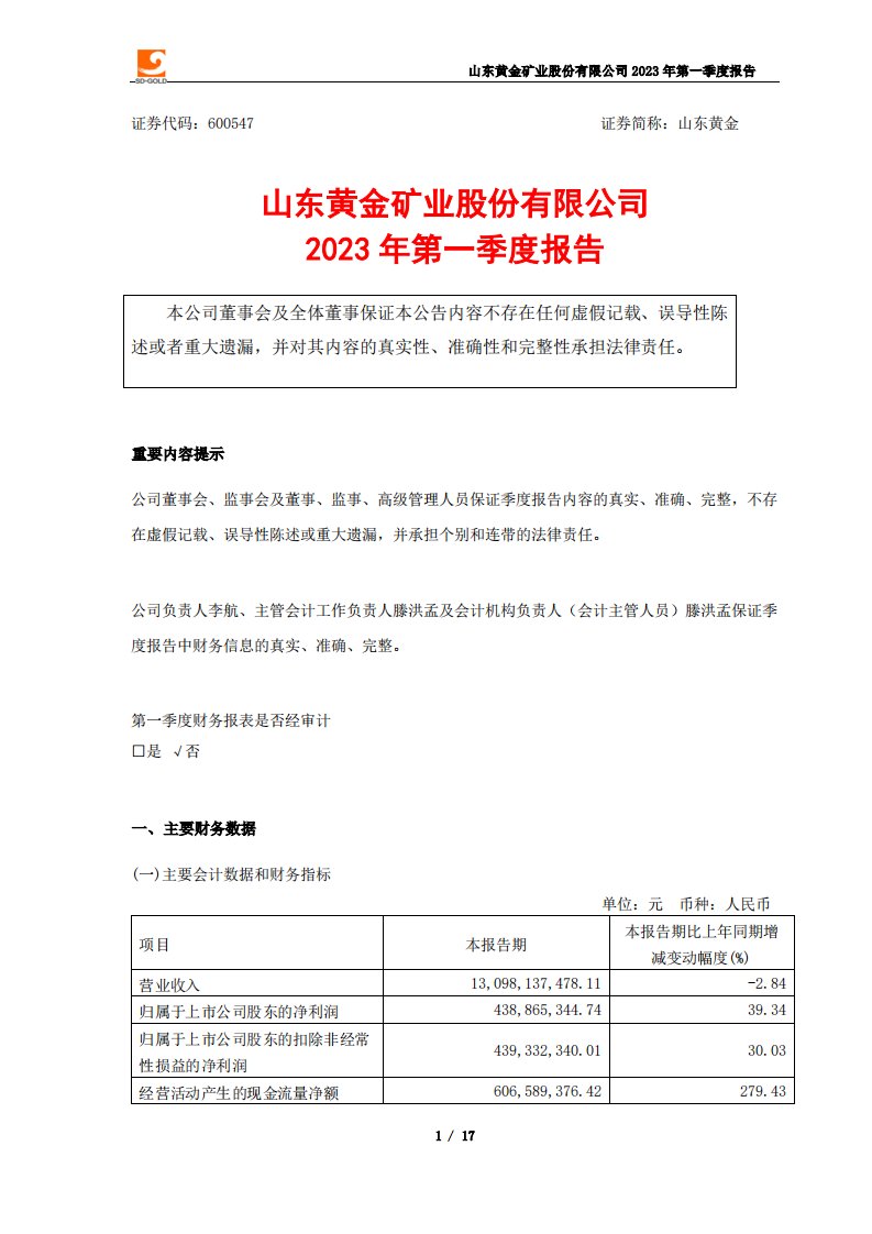 上交所-山东黄金矿业股份有限公司2023年第一季度报告-20230427