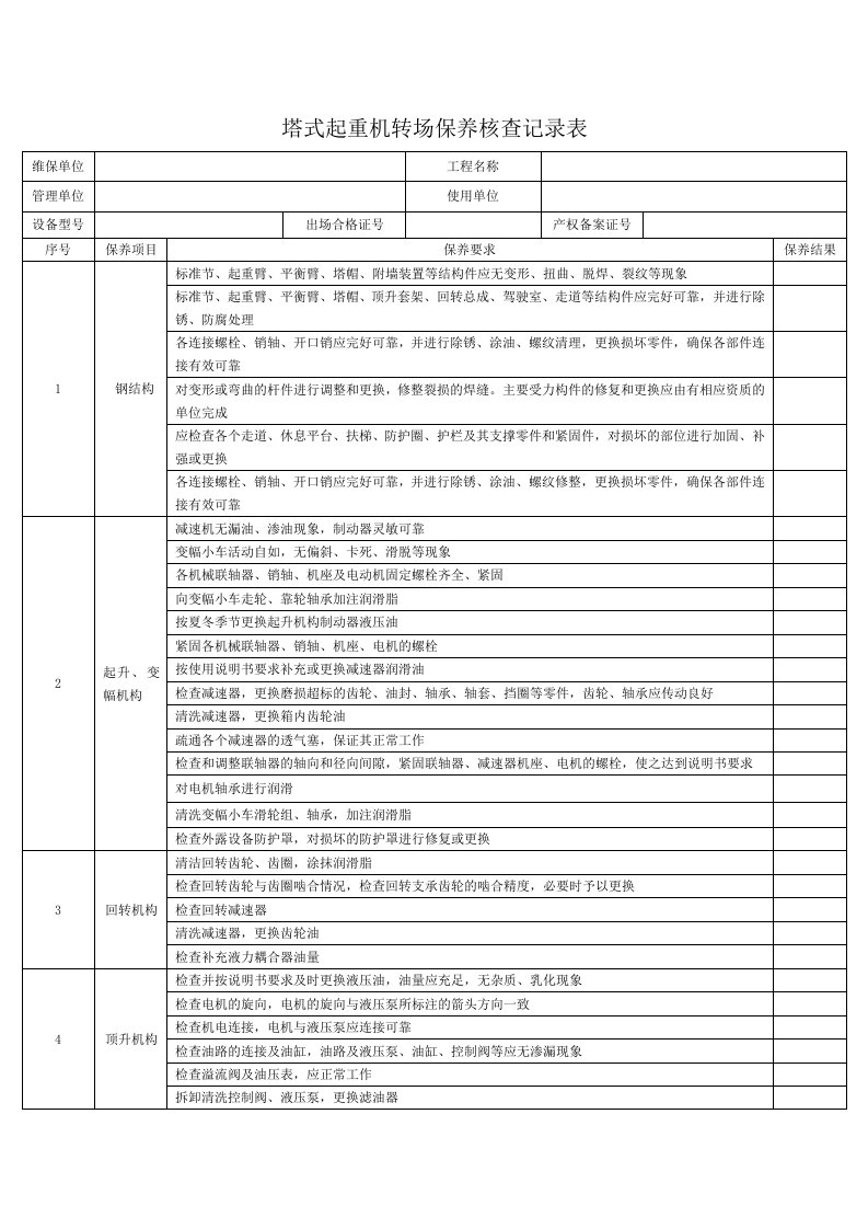 塔式起重机转场保养记录表