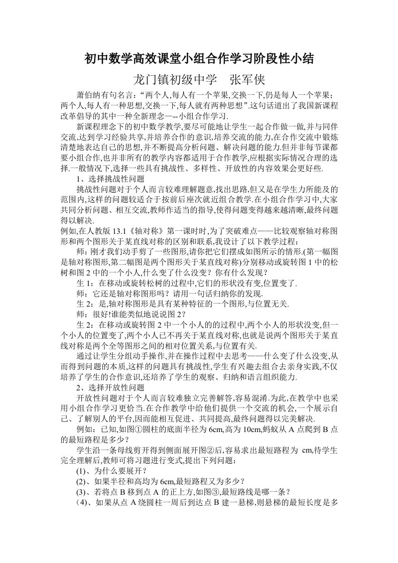 初中数学小组合作学习阶段性小结