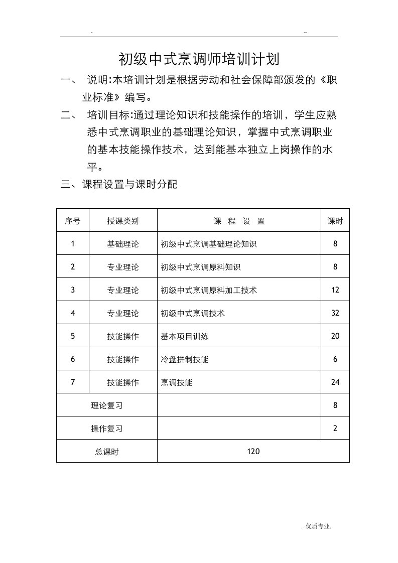 初级中式烹调师培训计划