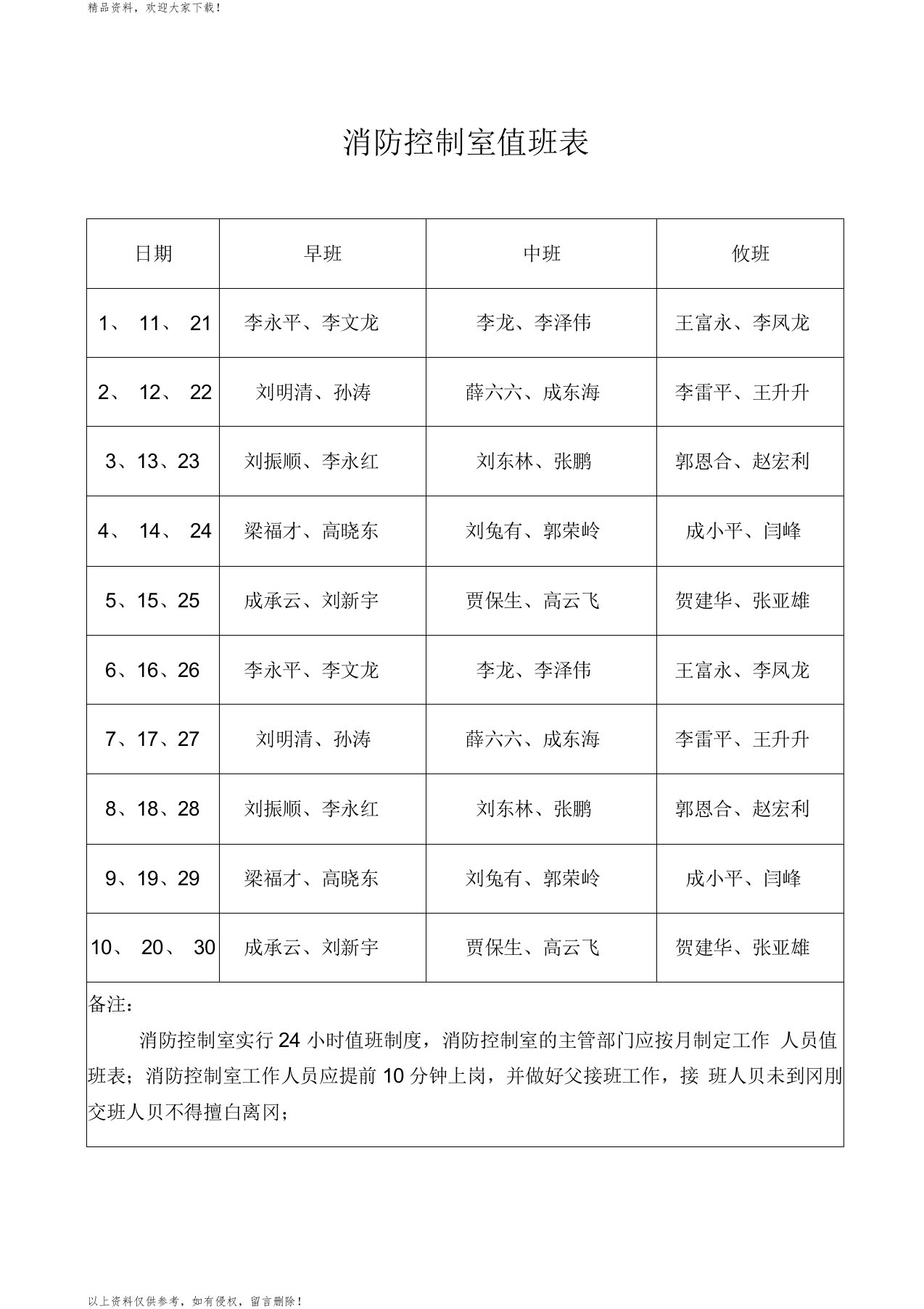 消防控制室值班表