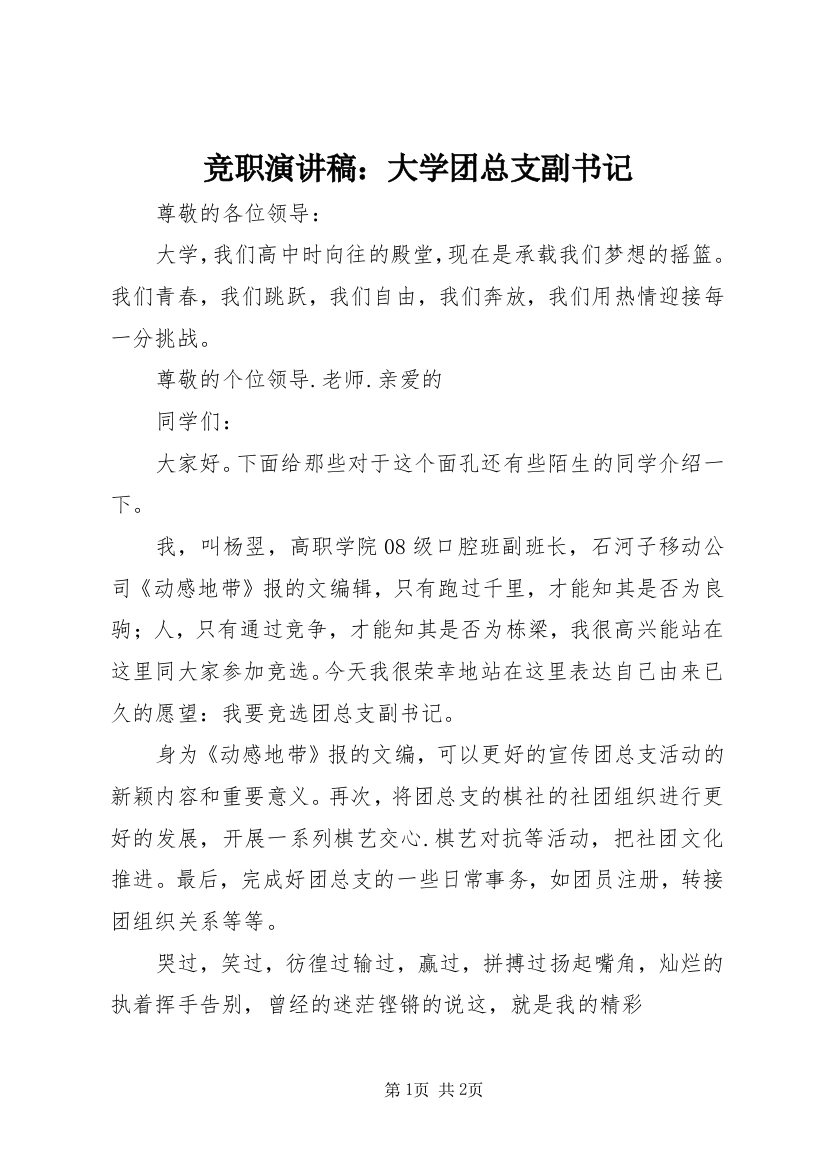 竞职演讲稿：大学团总支副书记