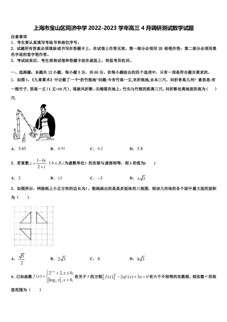 上海市宝山区同济中学2022-2023学年高三4月调研测试数学试题含解析