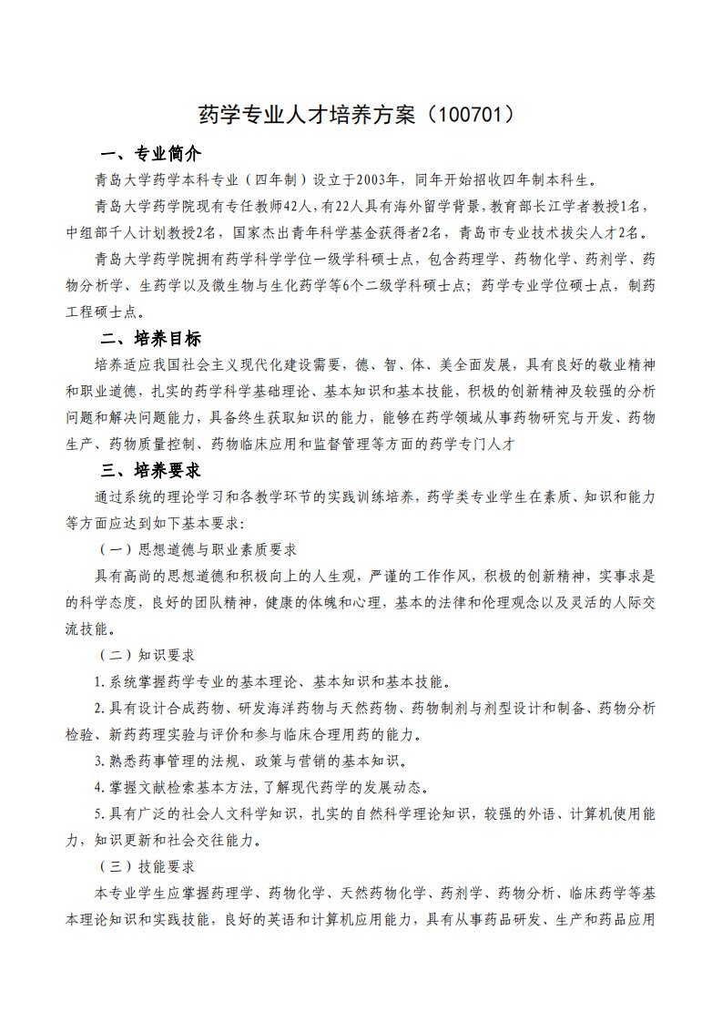 青岛大学药学专业人才培养方案