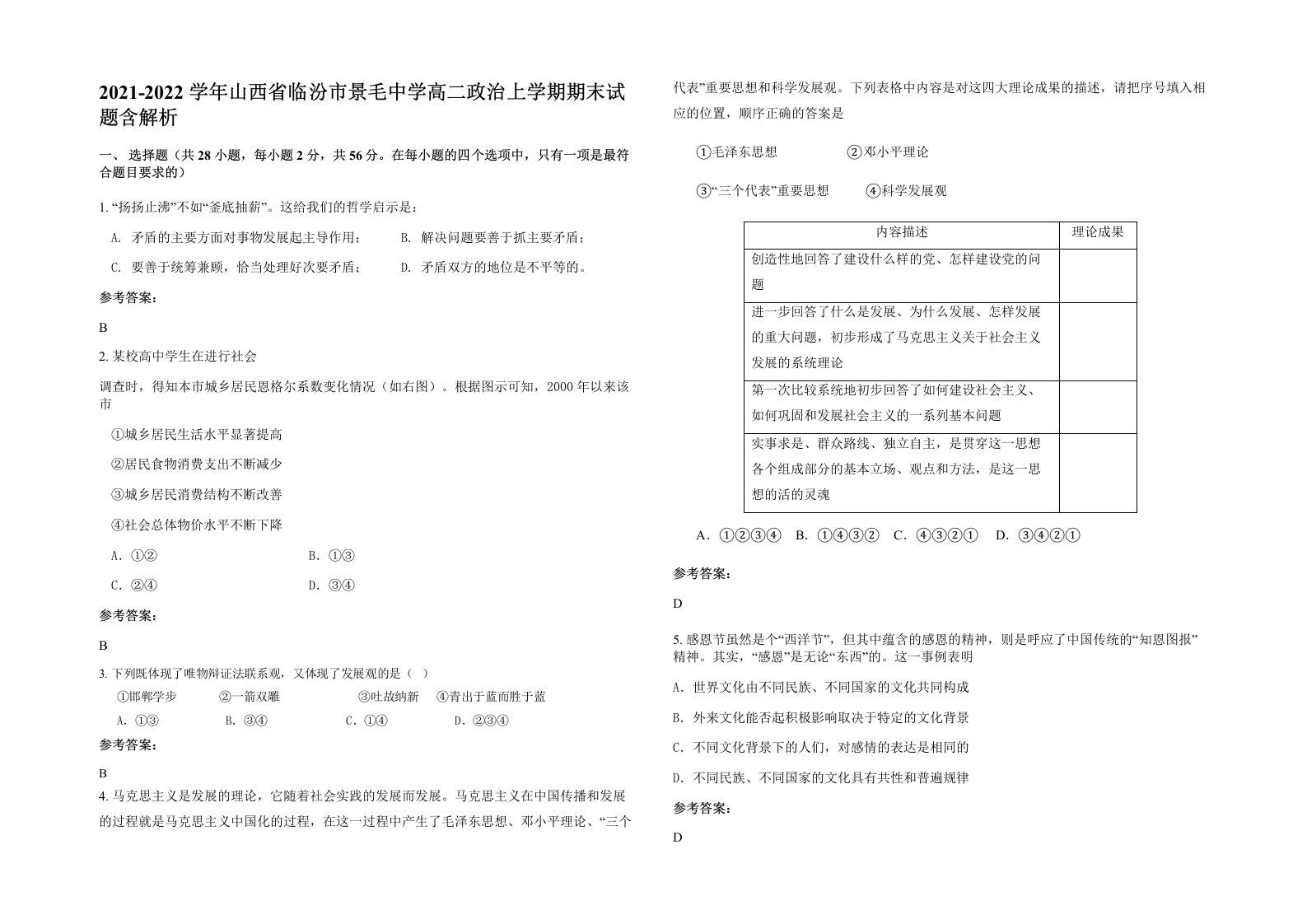 2021-2022学年山西省临汾市景毛中学高二政治上学期期末试题含解析