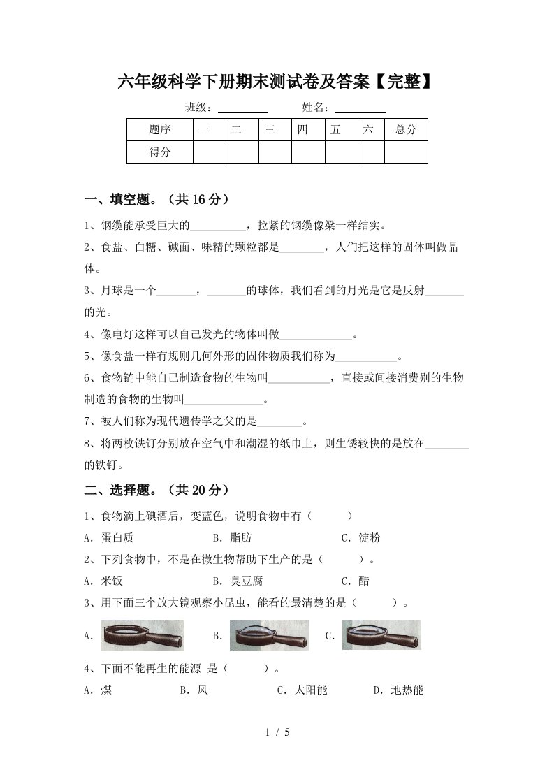 六年级科学下册期末测试卷及答案完整